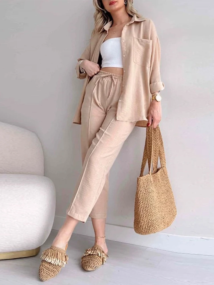 2023 Summer New Casual Fashion Two Piece Set Women Top and Pants Nine-pants and Shirts Female Suit Set of Pants and Blouse