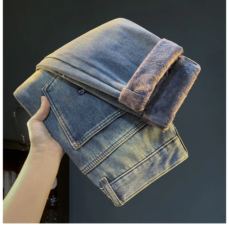 

Зимние бархатные толстые джинсы для мужчин 2025 года, модные, морозостойкие, теплые, толстые и элитные мужские брюки.