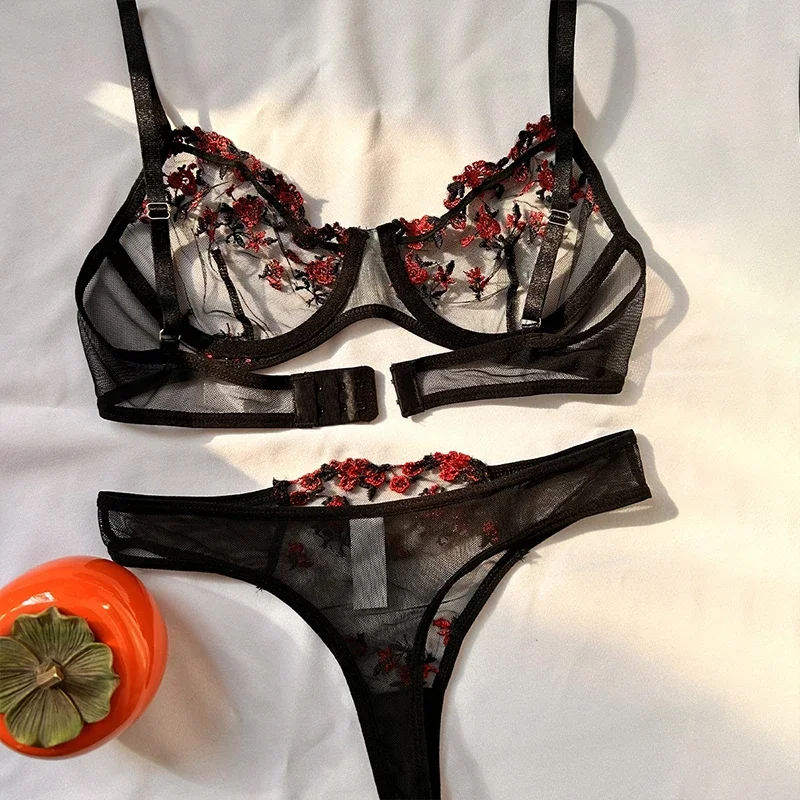 

See Through Sexy Lingerie For Women Transparent Bra Set Underwear Embroidered Small Flowers Intimates Exotic Erotic Costumes
