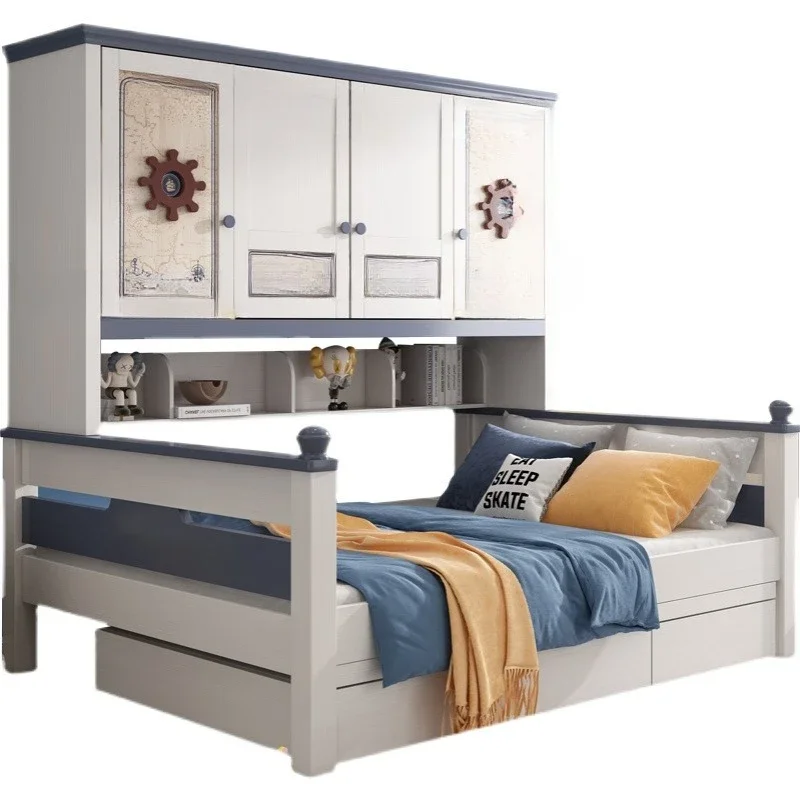 Solid wood wardrobe, bed children boys teenagers Mediterranean wardrobe bed multi-functional combination, bed small a