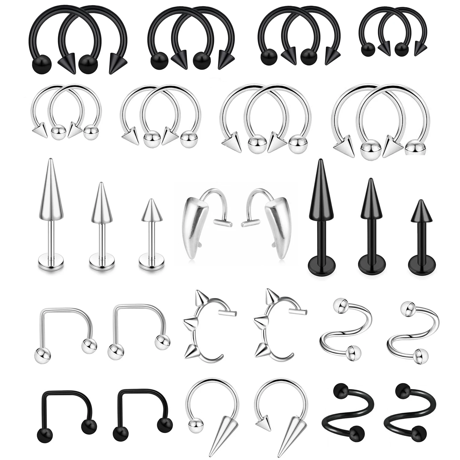 36Pcs 16G Lip Rings Stainless Steel Snake Bite Piercing Labret Jewelry Spiral/Barbell Tragus Earrings Hoop Horseshoe Septum