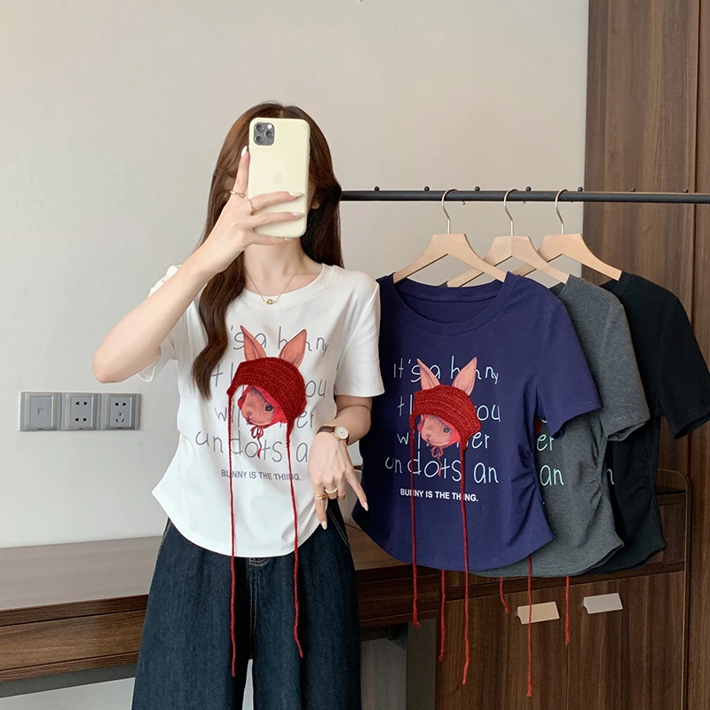 

Summer New Plus Size Women's Fashion Printed Letter Cartoon 3D Knitted Short Sleeve T-Shirt