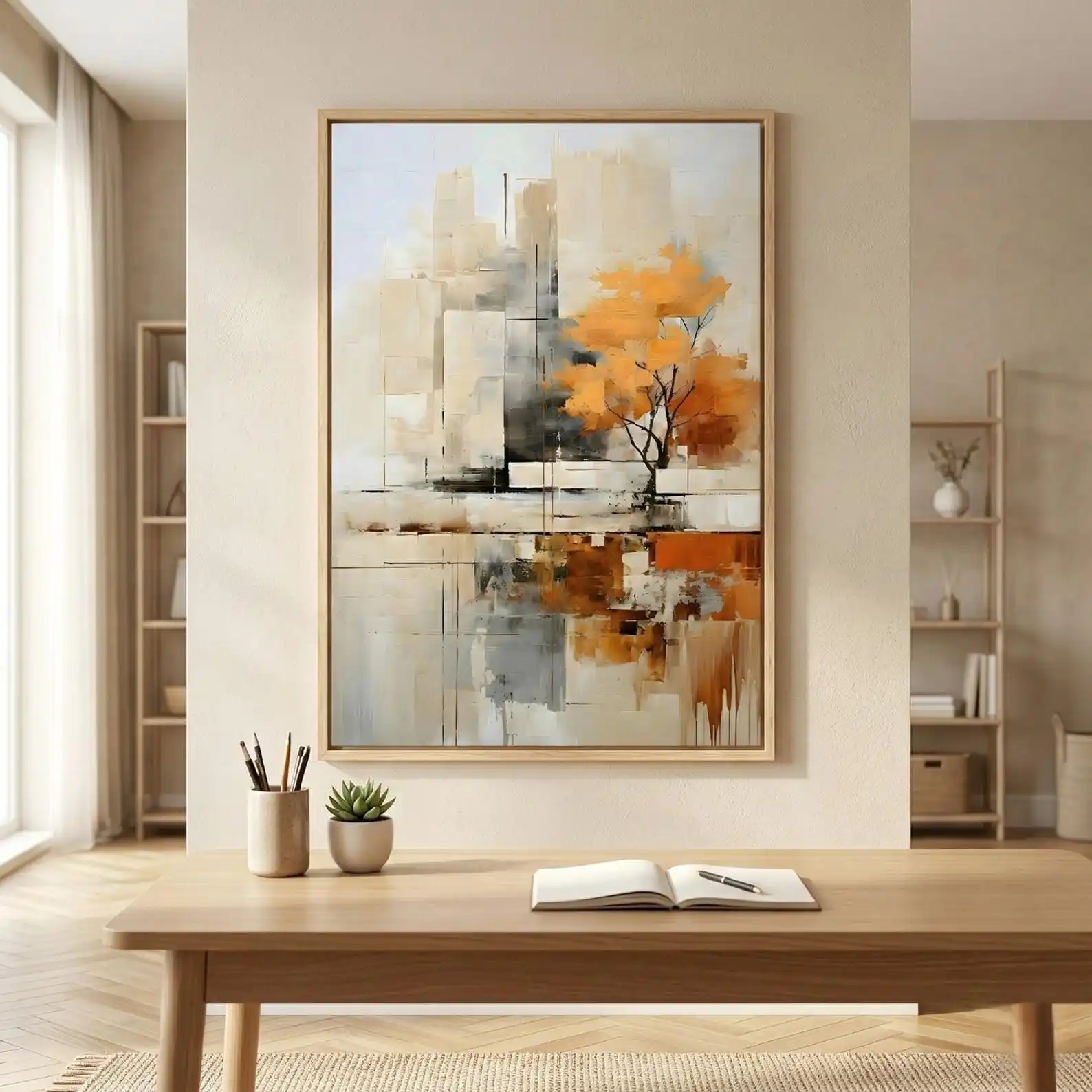 Mhemyo Neutral Abstract Expressionism Hand Painted Oil Painting Decor Textured Orange Tree Modern Beige Artwork For Living Room