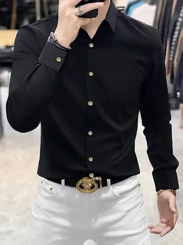 

High-End Anti-Wrinkle Business Shirt Long Sleeve Men's Casual Slim Fit Elastic Seamless Premium Quality Shirt for Office And ...