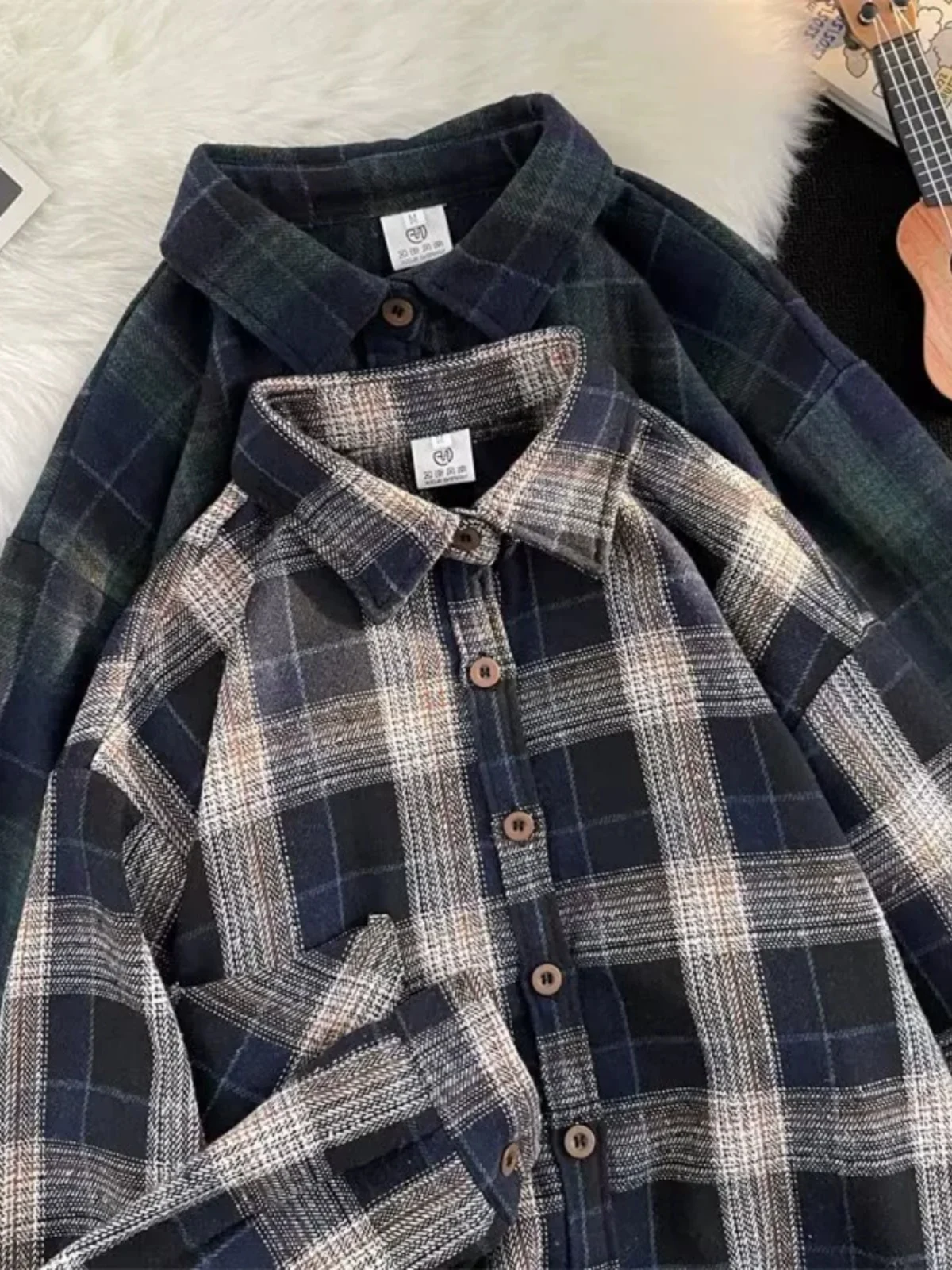 

Retro American Color Blo Plaid Long Sve irt Loose Fit Spring Autumn Thin Men Women Couple Trendy Brand Cheered irt...