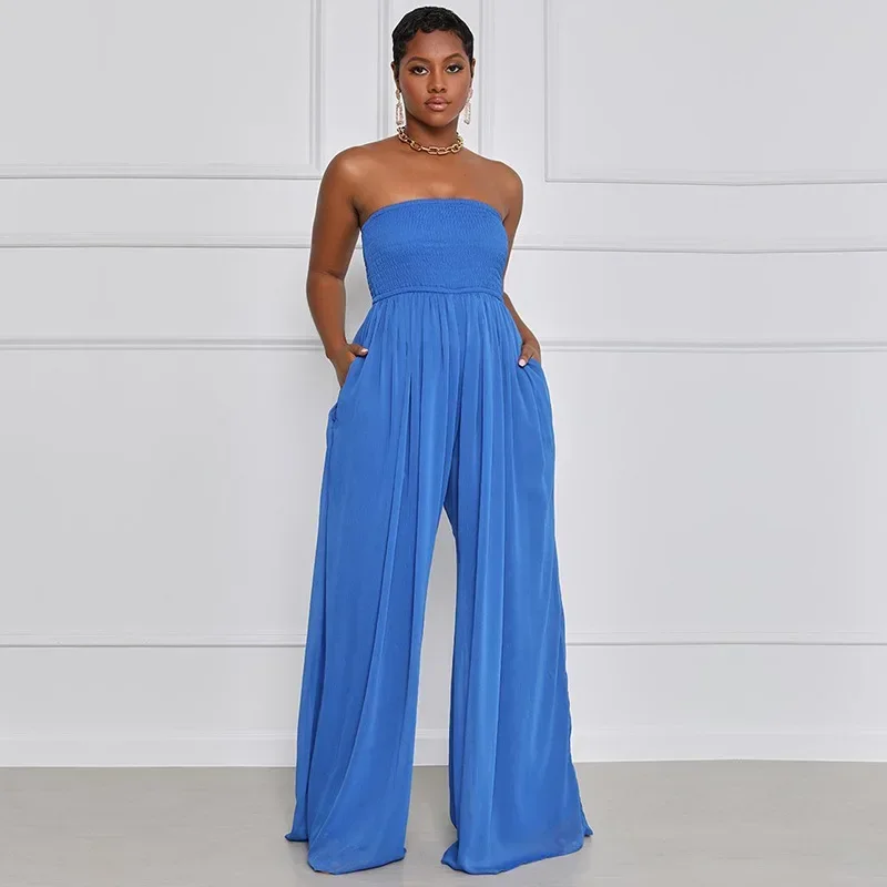 Chiffon Jumps uit Hose mit hoher Taille blau Overalls mit weitem Bein Frauen sexy lässig einfarbig lose sexy Low Cut Sommer Jumps uit