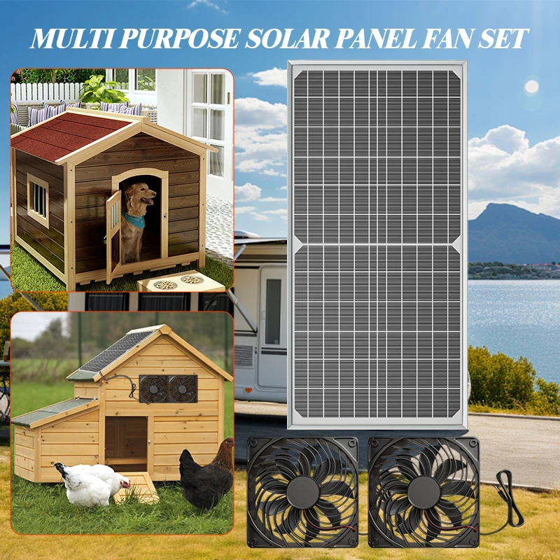 Solar Powered Vent Fan Set Monocrystalline Solar Panel Cooling Exhaust Fan for Chicken Coop Pet House Greenhouse