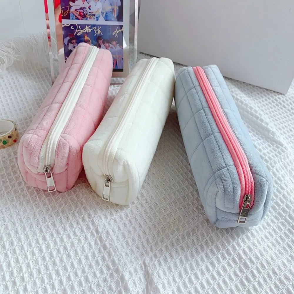 Plush Lattice Pencil Bag Portable Simple Pencil Case with Zipper Large Capacity Stationery Storage Box School Supplies