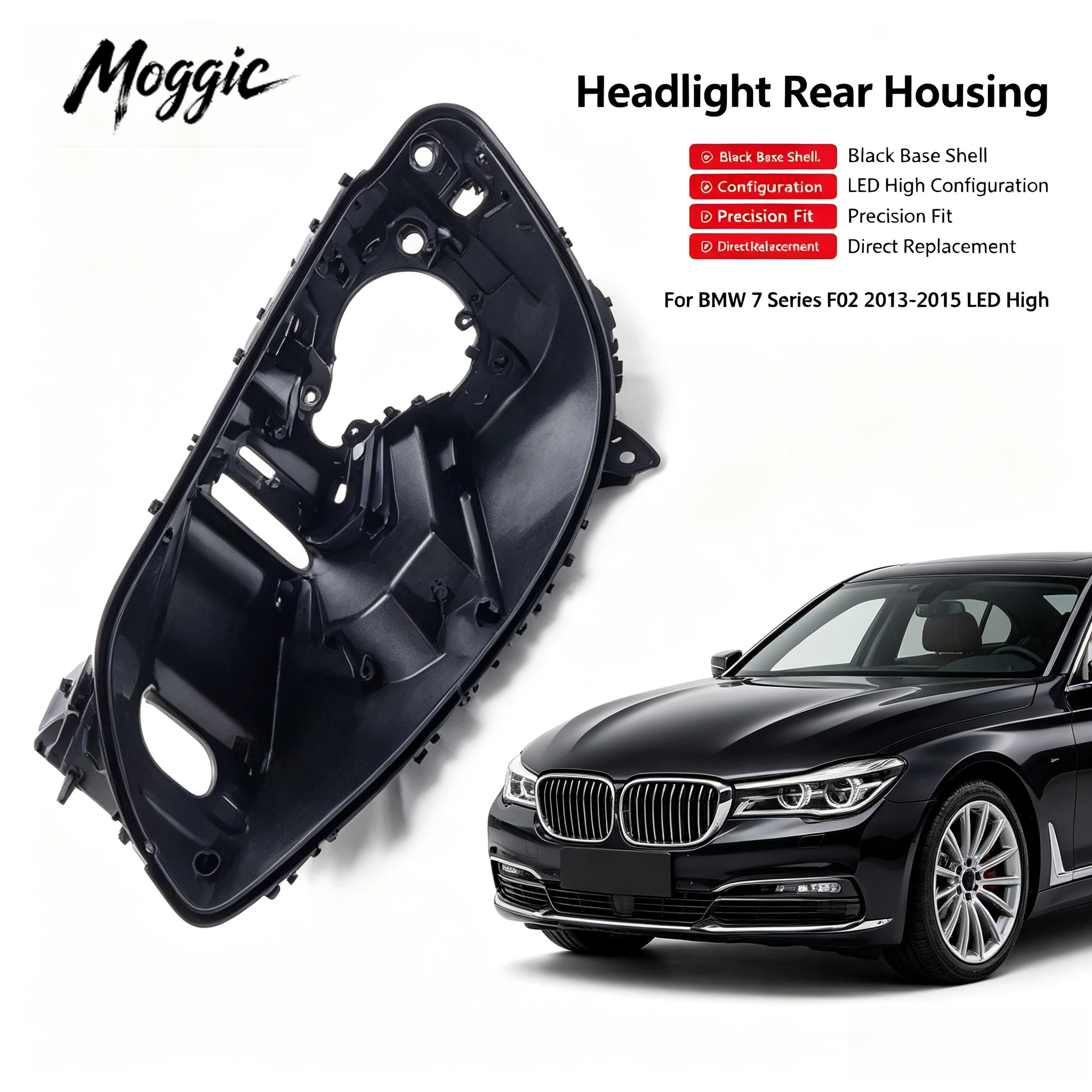Moggic Version Headlight Rear Housing Base Shell For BMW 7‑Series F02 High Spec 2013‑2015 Black