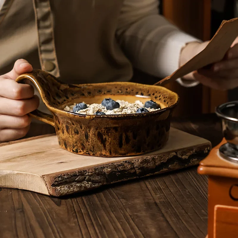 Vintage Underglaze Color Binaural Salad Bowl Household Dessert Leopard Print Kiln Change Japanese Breakfast Yogurt Cup Ceramic