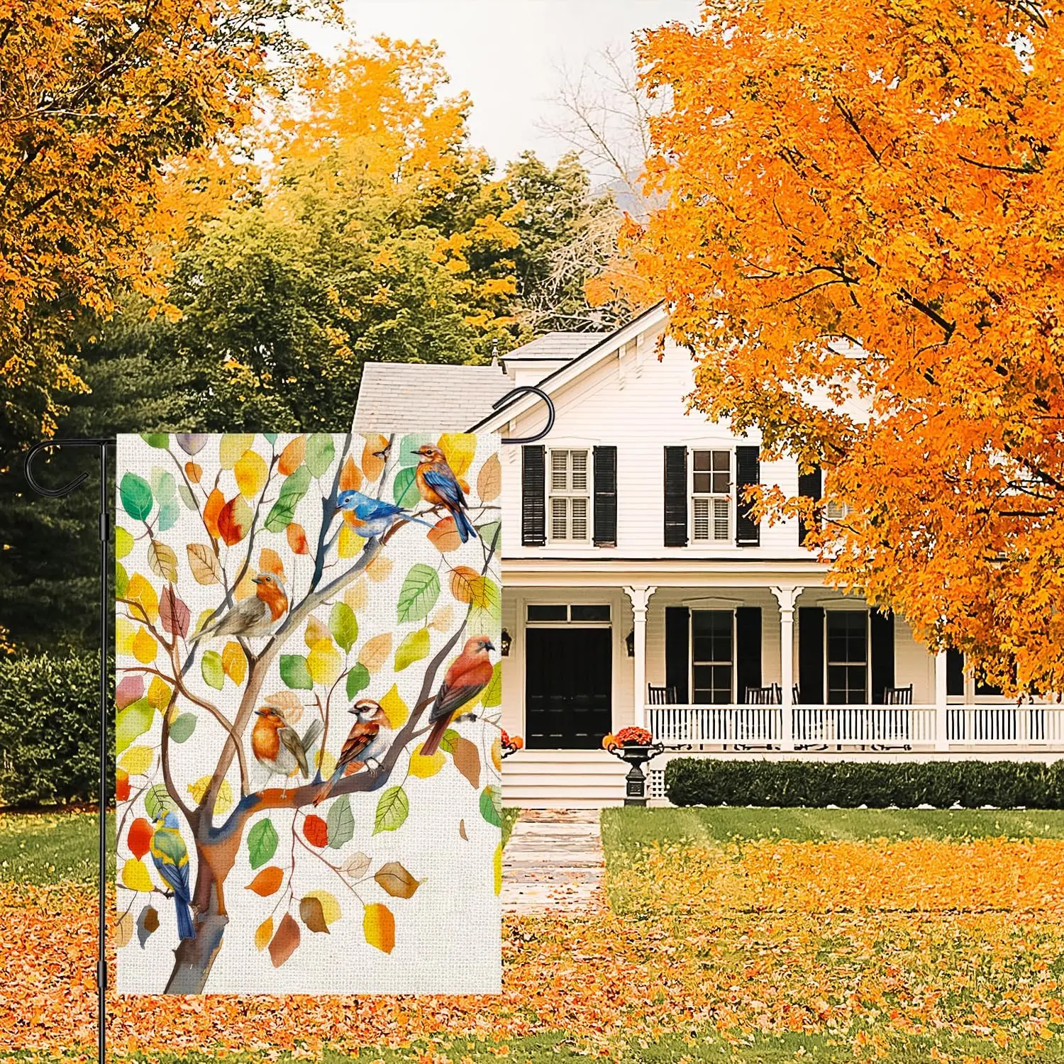 Fall Garden Flag 12x18 Inch Double Sided for Outside, Thanksgiving Autumn Maple Tree Birds Seasonal Small Yard Outdoor Flag  yyi