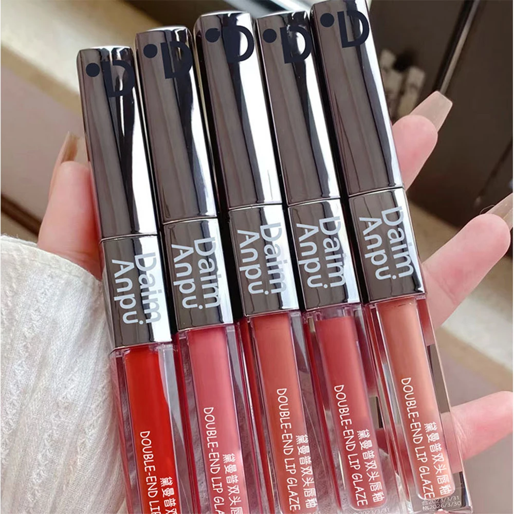 5 Colors Liquid Lipstick Double-ended Lip Glaze Matte Velvet Nude Brown Lip Mud Long Lasting Nourishing Mirror Lip Gloss Makeup