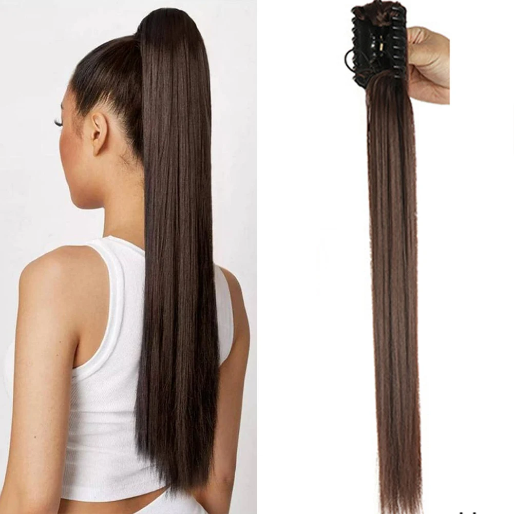 Belle Show 24 Inch Long Straight Ponytail Hair Extensions Claw Clip In Ponytails Heat Resistant Pony Tail Hair Piece For Women