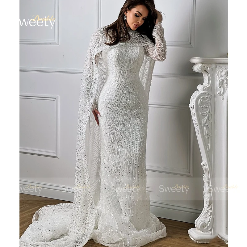 Luxuoso vestido de casamento sereia renda com miçangas vestido de baile gola alta manga cheia xale vestido de noiva personalizado novia