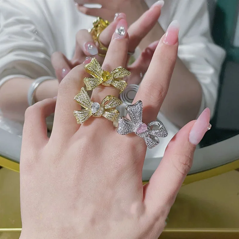 

MDL Moissa!ite style Original Super Fairy Bow Ring 18k Plated Niche Exaggerated Design High Feeling Finger Ring