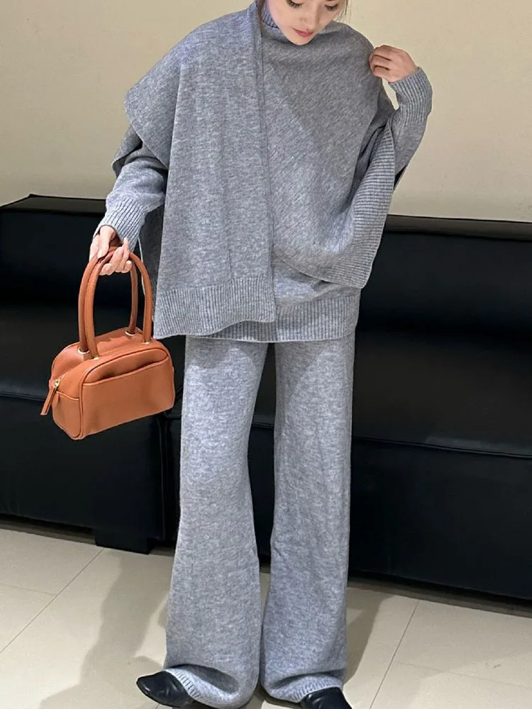 [EWQ] Temperament Thick Warm High Quality Knitted Pullover Sweater Wide Leg Pants Set For Women 2024 Autumn Winter New 16U6387