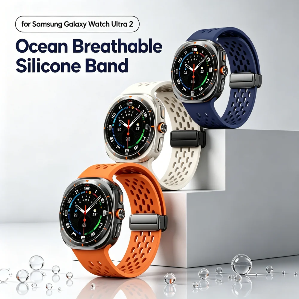 Magnetic Breathable Silicone Watch Band For Samsung Galaxy Watch Ultra 47mm 2024 Ultra2 2026 Sport Marine Replacement Wriststrap
