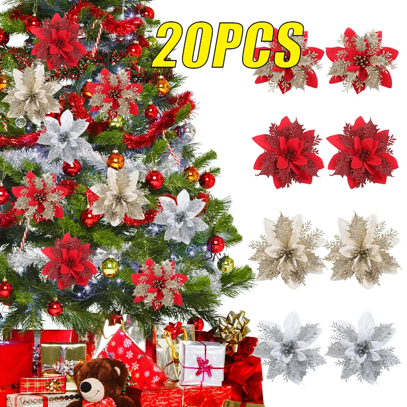 20PCS Four Color Flowers Christmas Flower Christmas Tree Decorations  Christmas Wreath Decoration Christmas Decorations