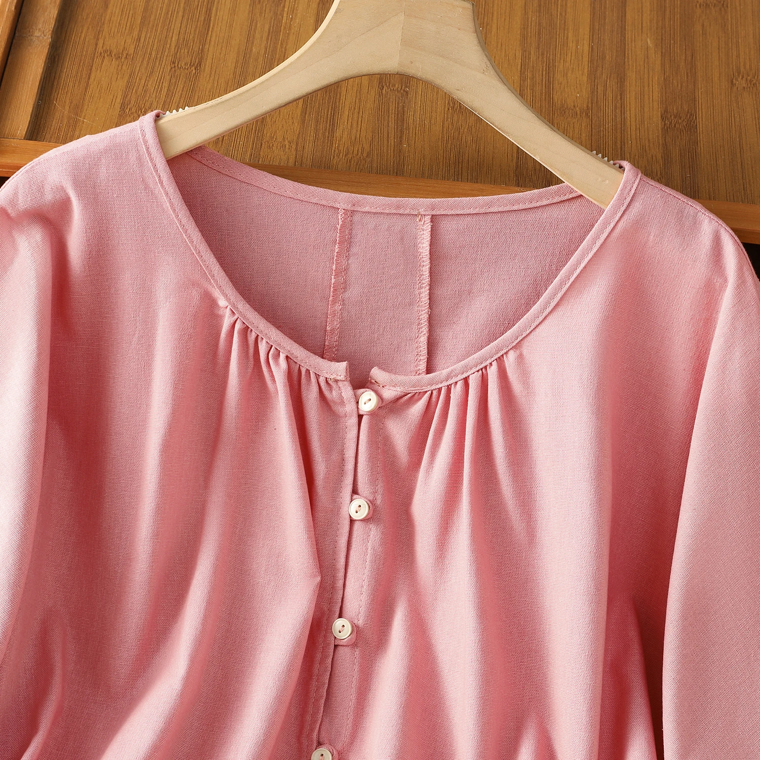 Damen Vintage Knopfleiste vorne Langarm rosa Hemden Blusen Frühling Herbst O-Ausschnitt lässig lose Strickjacke Boho-Stil Cover Up Tops