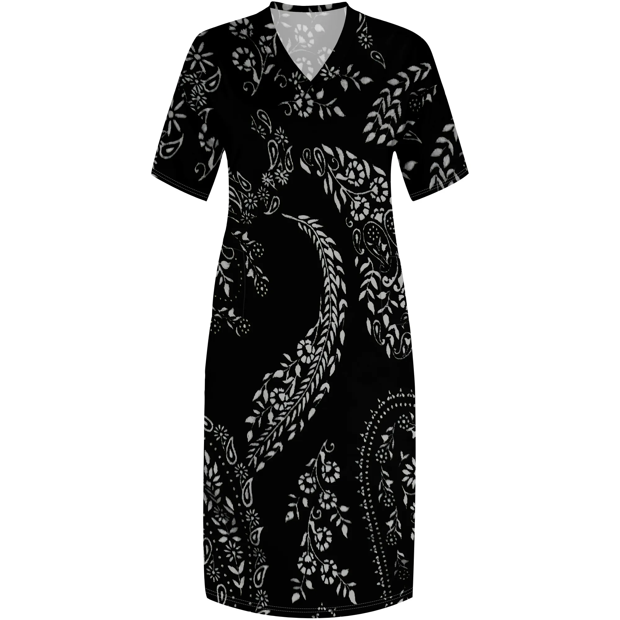 XL-6XL Plus Size Women's Black Paisley Print Maxi Dress - V-Neck Short Sleeve Casual Everyday Long Dress with Pockets