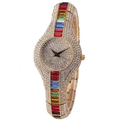 MISSFOX-Montre-bracelet à quartz pour femme, montre de luxe, glacé, bling, arc-en-ciel, diamant, bijoux, horloges, dames, livraison directe, mode