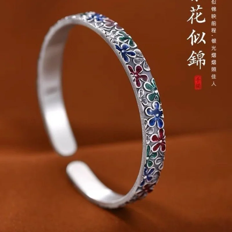 

Silver 999 Blossoming Women Solid Enamel Plum Blossom Bracelet