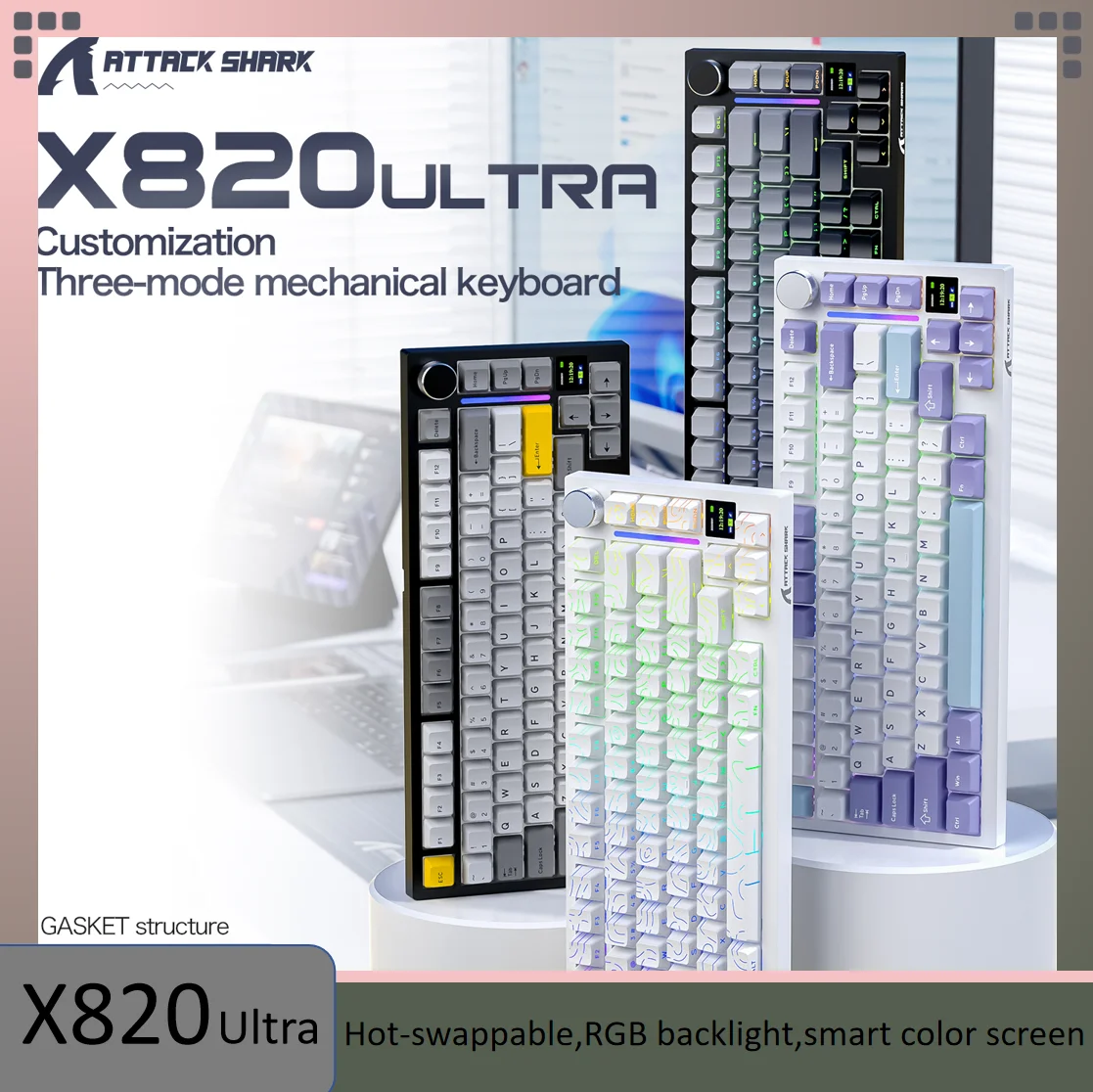 ATTACK SHARK X820Ultra Wireless Mechanical Keyboard Smart Color Screen& Knob,Tri-Mode, Gasket Mount, Hot-Swappable&RGB