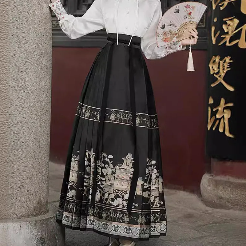 Spring Summer Printed Horse Face Skirt Women's High Waist Classical A-Line Skirts Traditional New Chinese Hanfu Mamianqun Dress