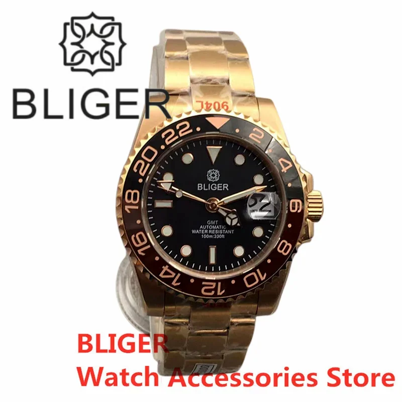 

BLIGER 40mm Rose Gold Case NH34 GMT DG3804 Automatic Men Watch Sapphire Glass Date Window Ceramic Bezel Green Luminous