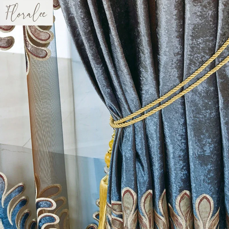 Luxurious embroidered curtains for villa living room dining room blackout cloth modern European style high-end curtains custom