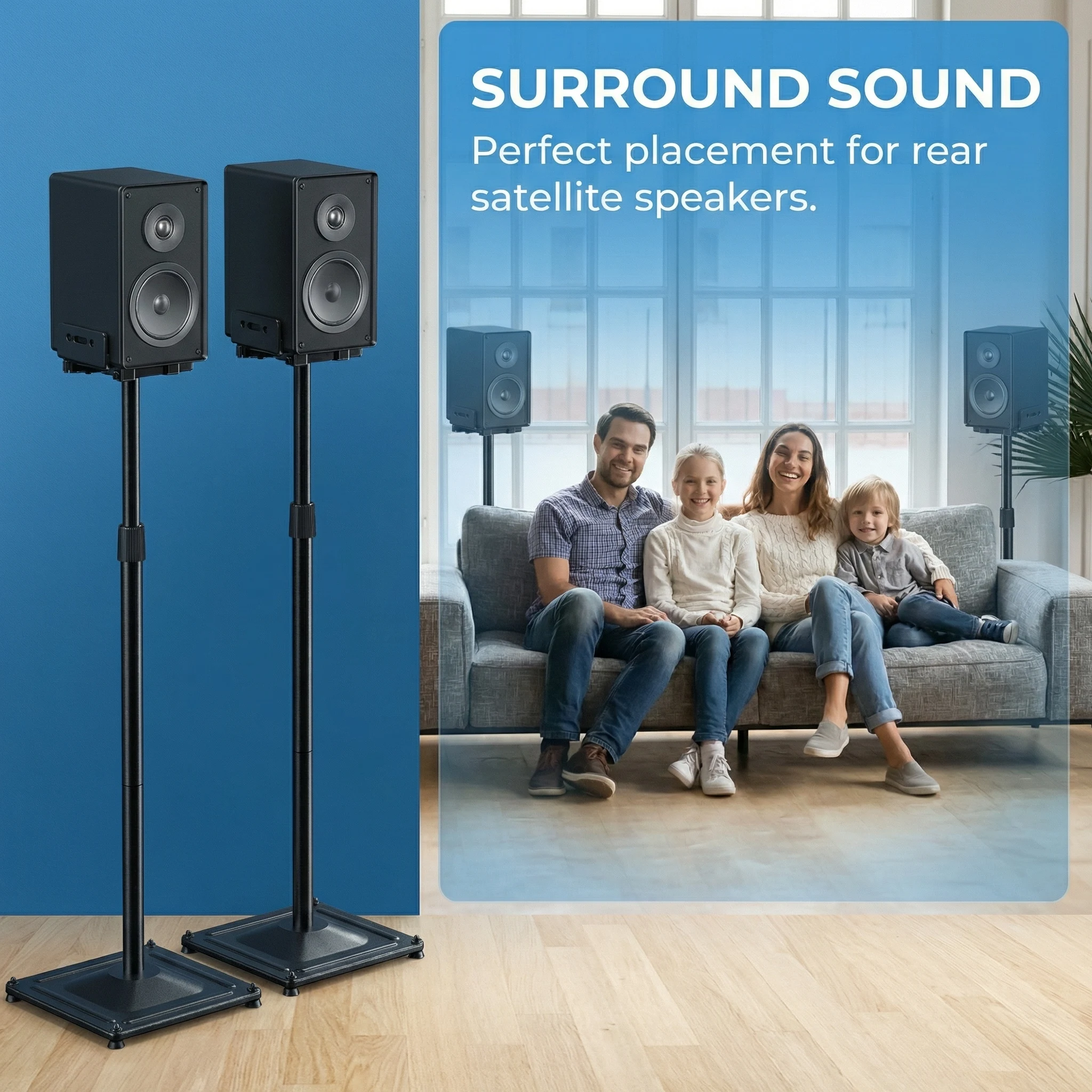 1 Pair Black Universal Speaker Stands for Surround Sound -Height Adjustable Extend 33.3”to 45.1”, Floor Speaker Stand for Satellite & Studio & Bookshelf Speakers up to 11LBS