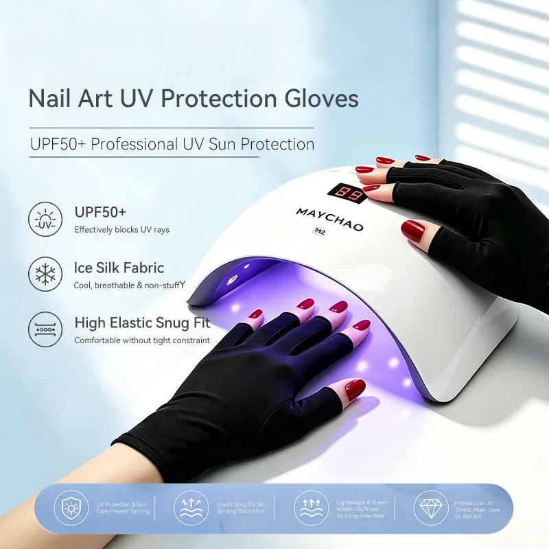 UPF50+ Ice Silk Nail Art UV Protection Gloves, Black White Two Color Fingerless Anti UV Gloves for Nail Gel LED Lamp