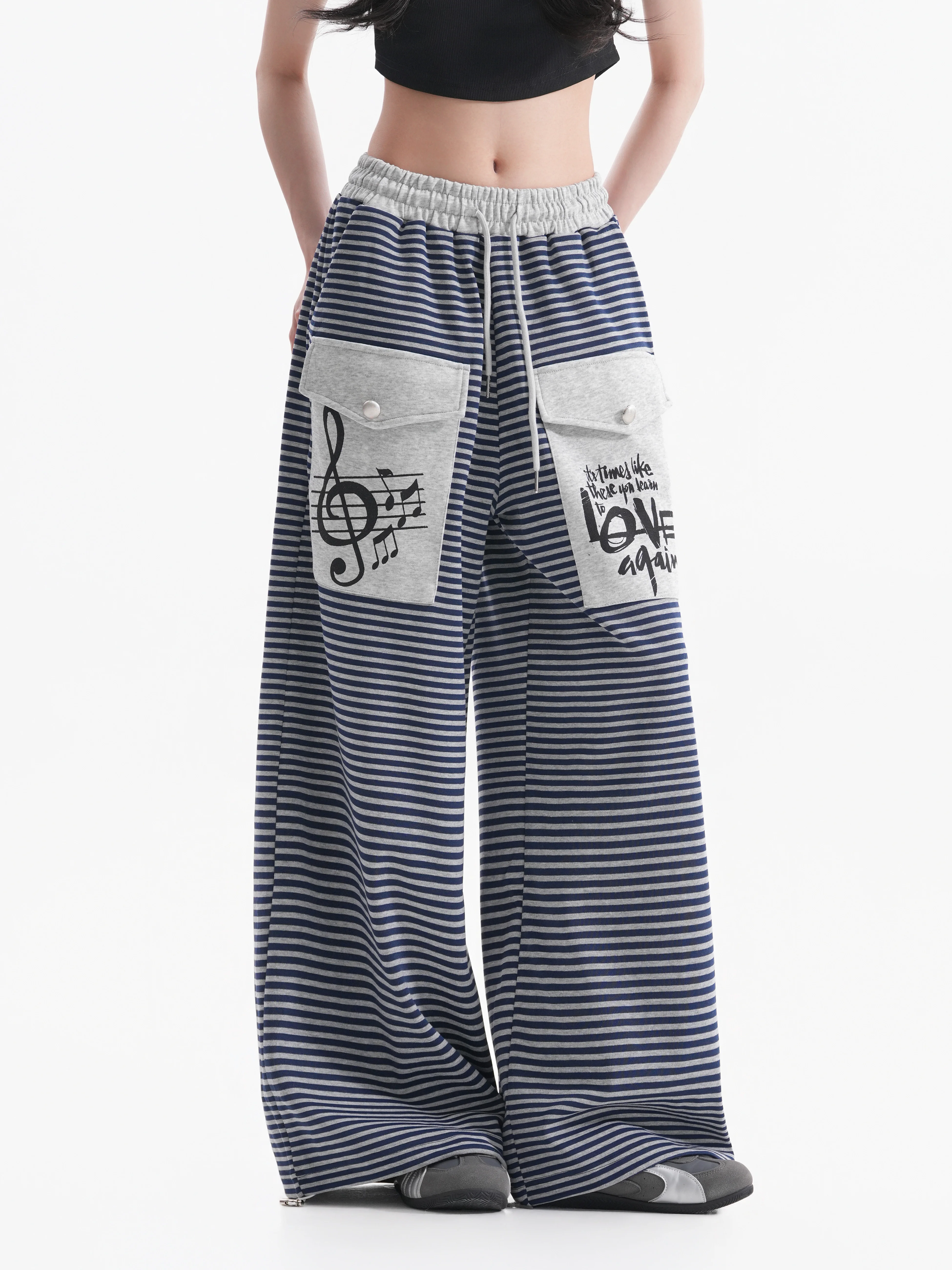 American Street Style Wide Leg Loose Casual Pants Women's Design with Big Pockets Color Block Casual Trousers for Women
