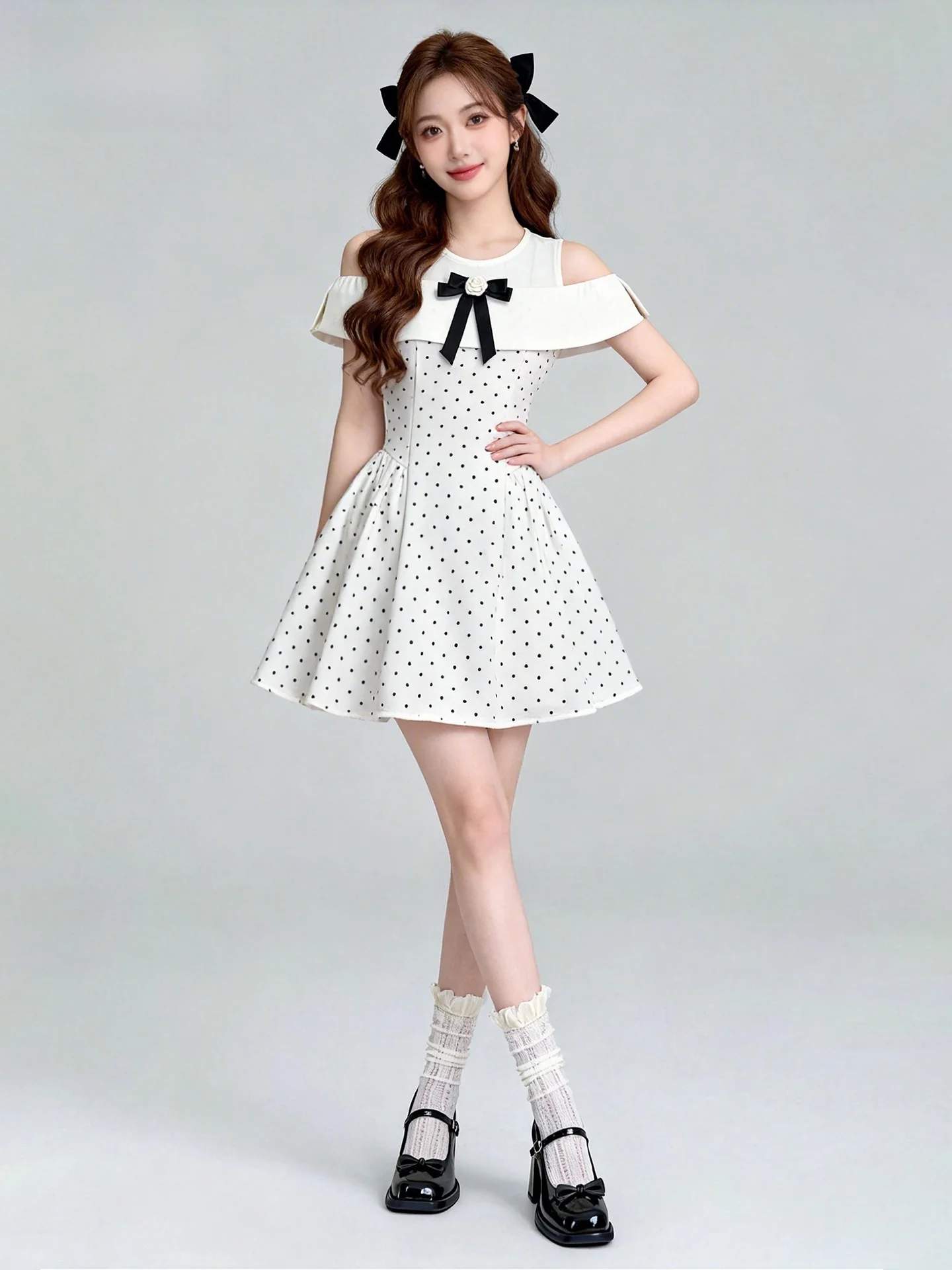 

ChuChu Home Polka Dot Dress Women's Summer Small Size One Shoulder Miu Series Slim Fit Waist Cinch Short Skirt