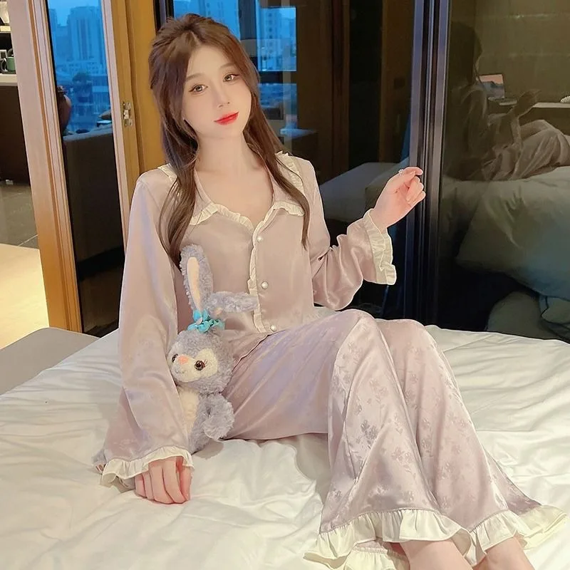 Ice Silk Pajamas Women Spring and Autumn Long Sleeve Pants Sweet Princess Style Lovely Home Dress Set French Court Style