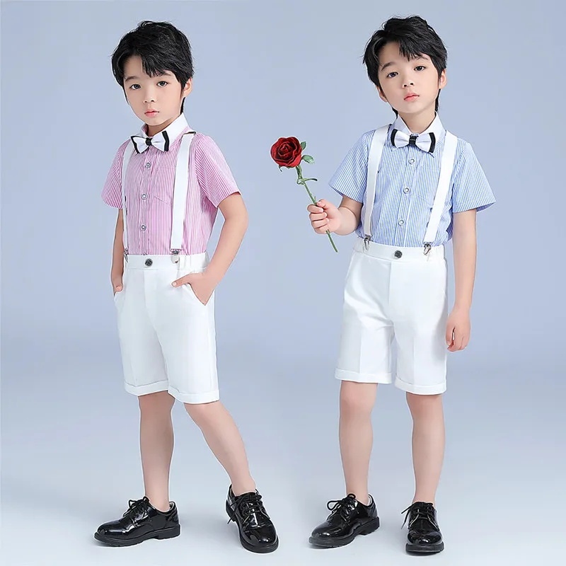 

Boy Summer Suit Candy Color Short Sleeve Shirt Overalls Shorts Kids Jumpsuits Clothes Sets Children School Uniforms 6 8 10 12Y