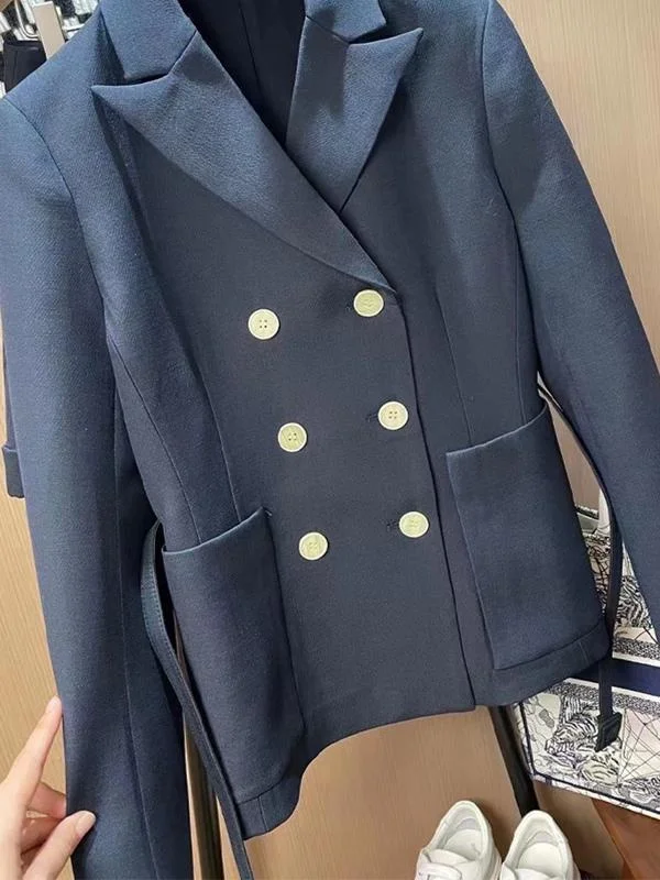 

Classic Double-Breasted Lapel Suit Women's Sli Summer 2025 Long Sve ket Jaet Coat with Belt Ele Faionable