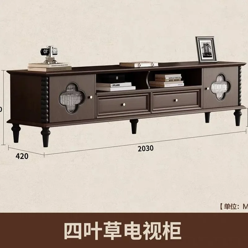 French Retro Four Leaf Clover Solid Wood TV Cabinet Vintage Style Living Room Storage Console for Small Apartment Home Decor