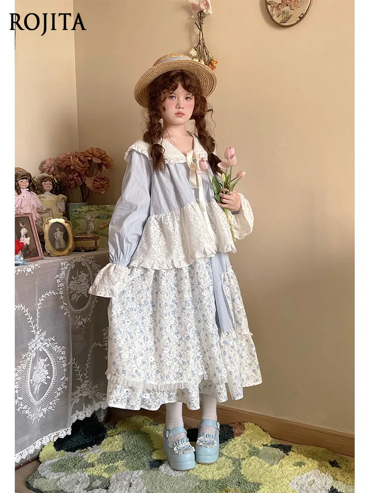 Sweet Lolita Patchwork Floral Skirt Sweetheart Girl Elastic Waist A-Line Long Skirt Kawaii Cottagecore Floral Skirt Lace Skirts