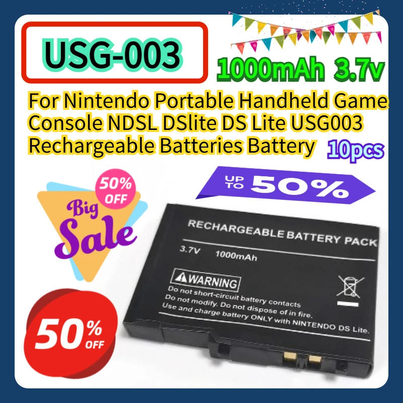 

For Nintendo Portable Handheld Game Console NDSL DSlite DS Lite USG003 Rechargeable Batteries USG-003 Battery 1000mAh 10pcs