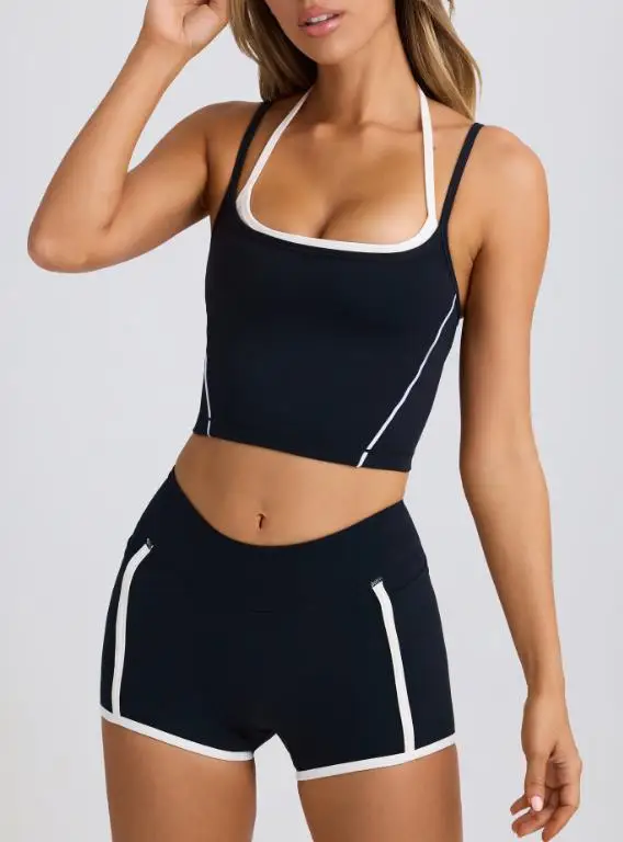

Women's Sports 2-Piece Set 2026 Summer New Fashion Yoga Style Color Blocked Fake Two Piece Design Strap Tight Shorts Set