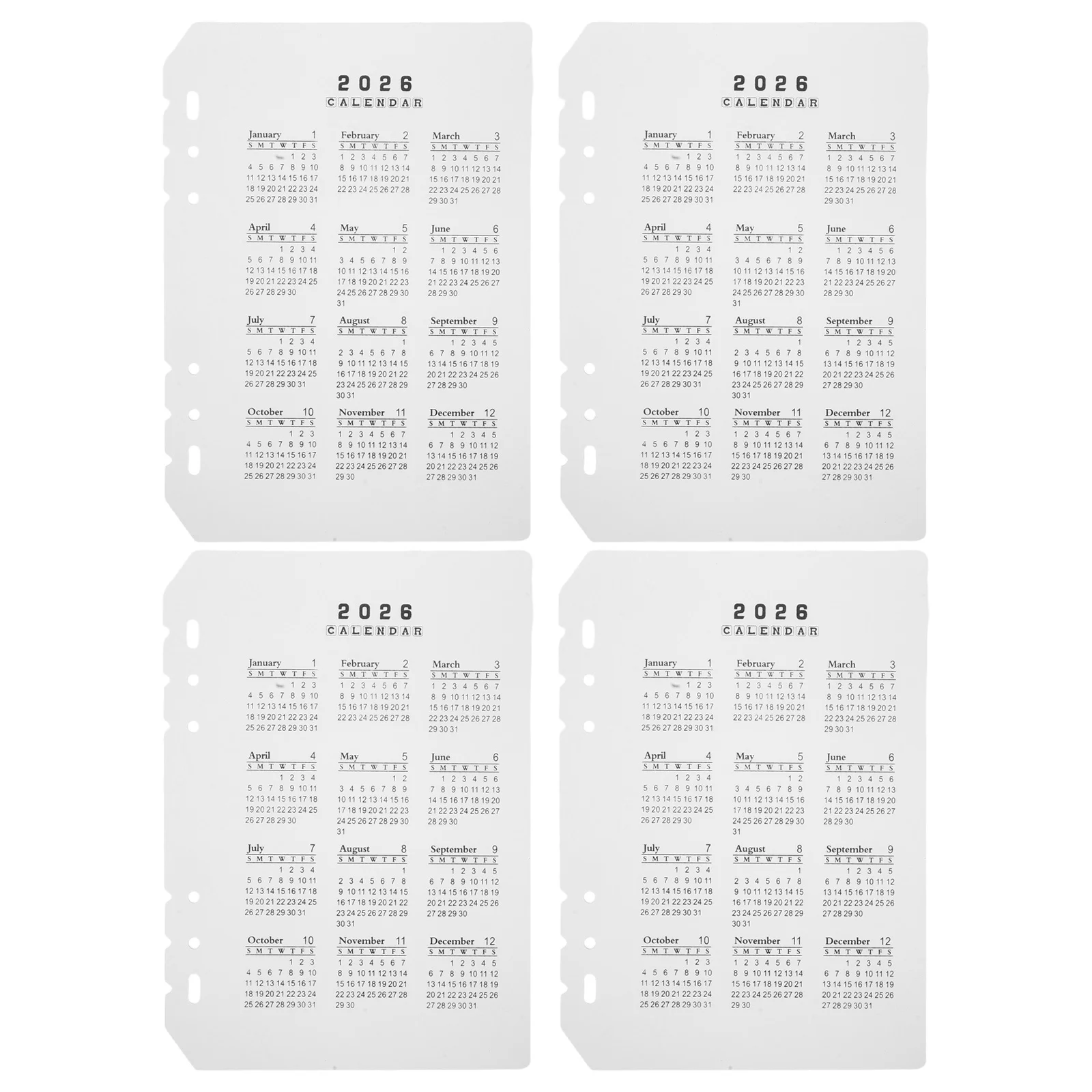 4Pcs 2026 Calendar Dividers Frosted Plastic 6-Hole A5 Planner Notebook DIY Refillable Binder Inserts for Organization