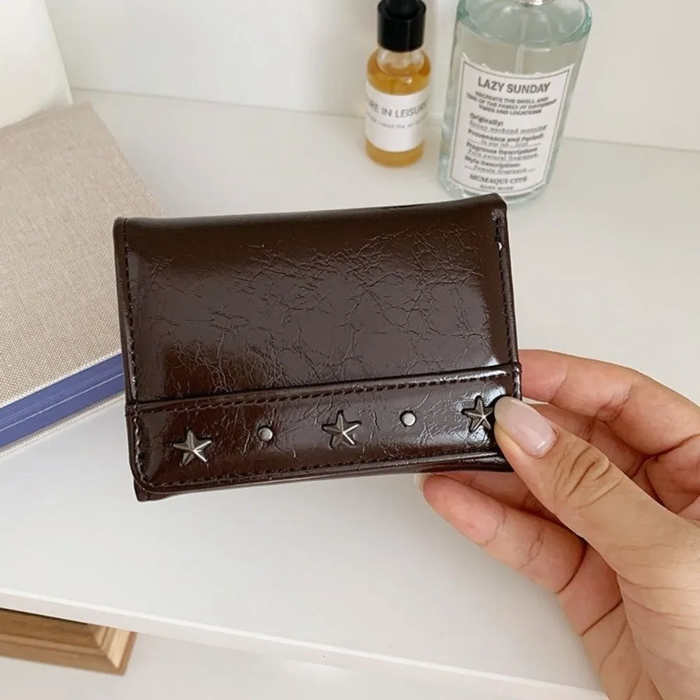 Portable Vintage Style Trifold Wallet PU Leather Compact Size Coin Pocket Ultra Thin Large Capacity Star Rivet Wallet Men