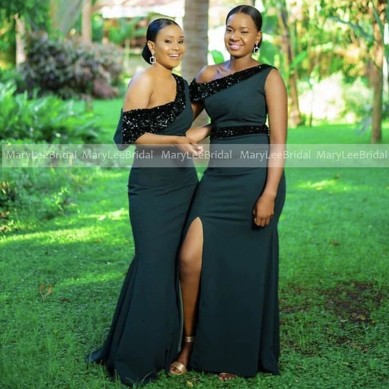 

2022 Dark Green Mermaid Bridesmaid Dresses with Slit One Shoulder Sparkly Sequins Elegant Dress Women for Wedding Party Vestidos