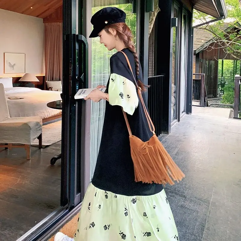 

2024 New Korea Woman Dress Join Together CONTRAST COLOR Robe Loose Plus Size Black Patchwork Print Short Sleeve Long Dresses