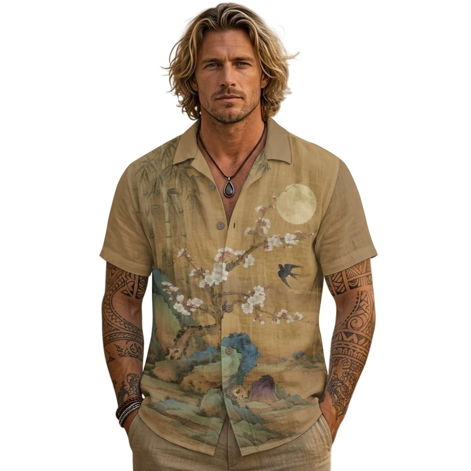 PENSTROLL Swallow Moon Design Breathable Mens Hawaiian Shirt for Summer Linen Style Men's Top S-3XL