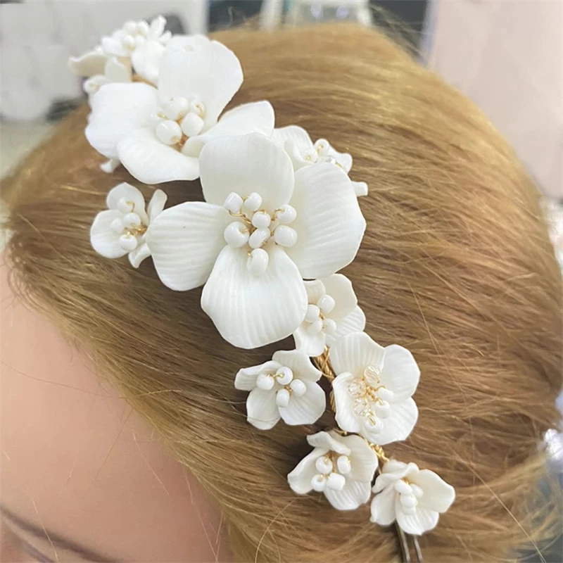 

Bridal Hair Tiara Ceramic Flower Crown Handmade Wedding Prom Tiara Exquisite Leaf Millet Beads women Hairband Accessories