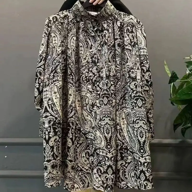 Coreano 2024 autunno nuove donne camicetta colletto alla coreana bottone impiombato arricciatura sciolto manica lunga Streetwear unico top camicia Midi