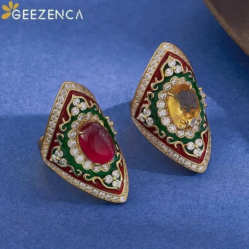 GEEZENCA 925 Silver 18K Gold Oval Corundum Citrine Open Ring For Women CZ Enamel Wide Chunky Luxurious Statement Rings Gift Her