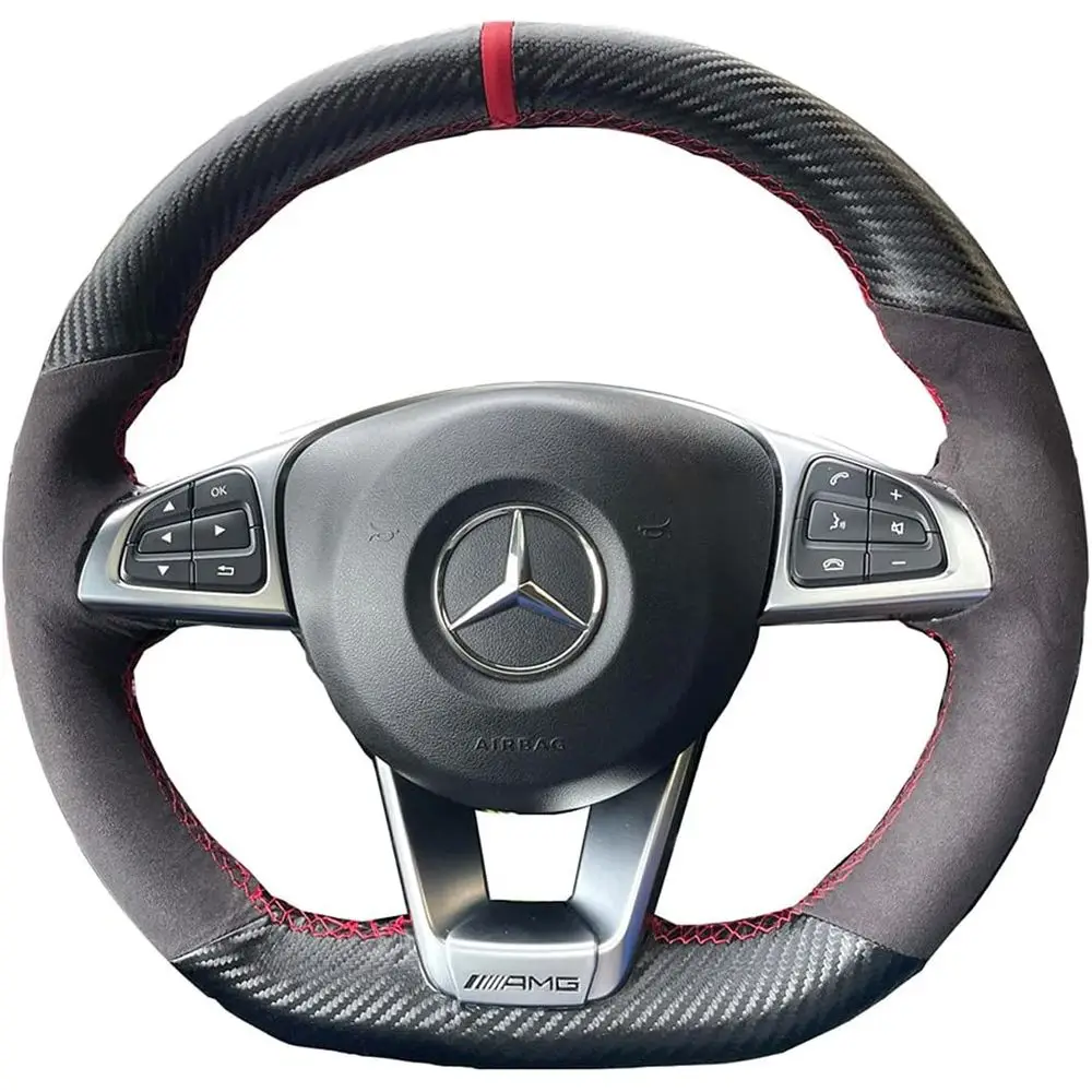 

Black Carbon Fiber&Suede Leather Steering Wheel Cover Hand-Stitch on Wrap Fit for Mercedes Benz W205/C43 GLA45 GLC43 AMG/CLA-Cla